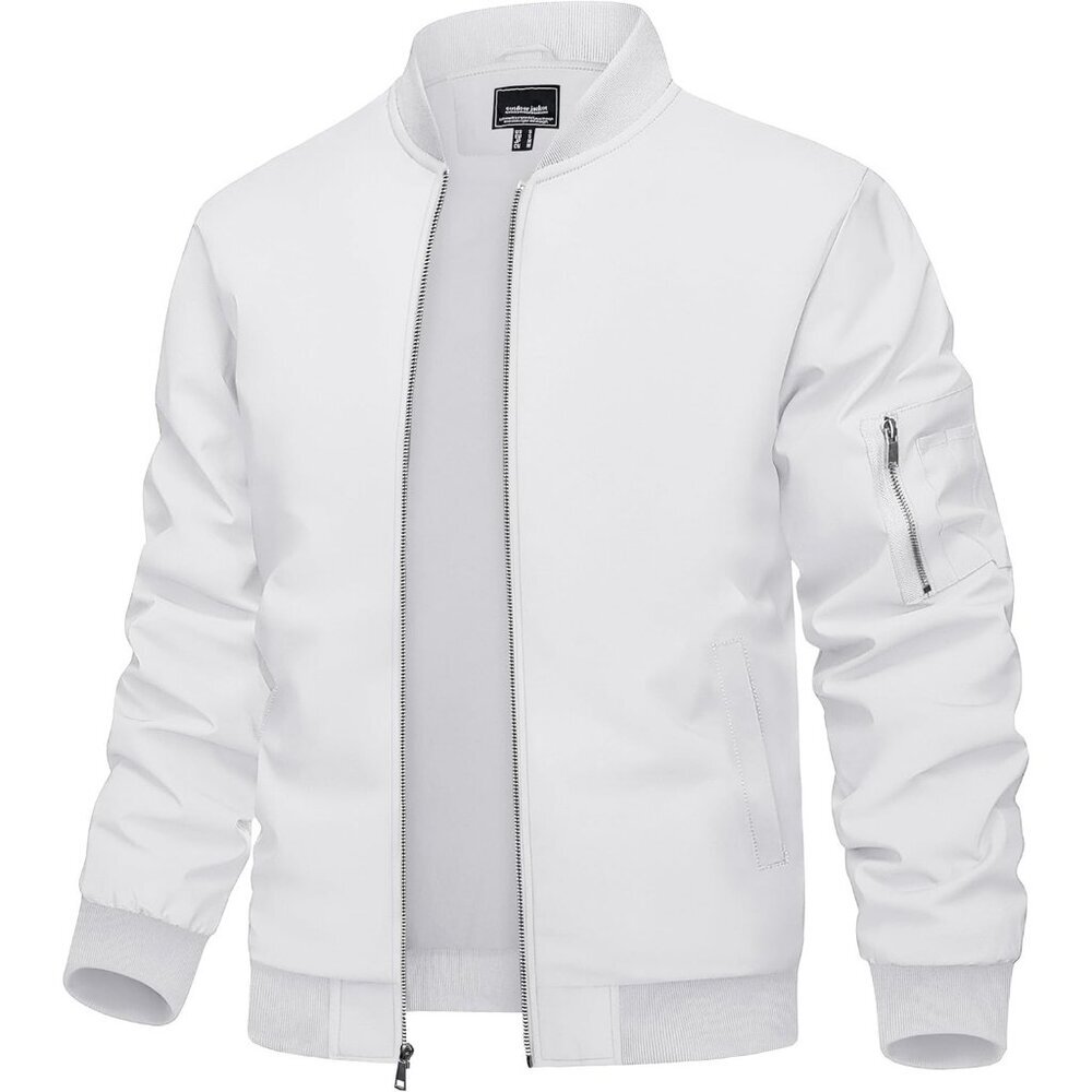 Men's #01 White Bomber Jacket Coat Lightweight Casual Windbreaker Zip Up Pocket
